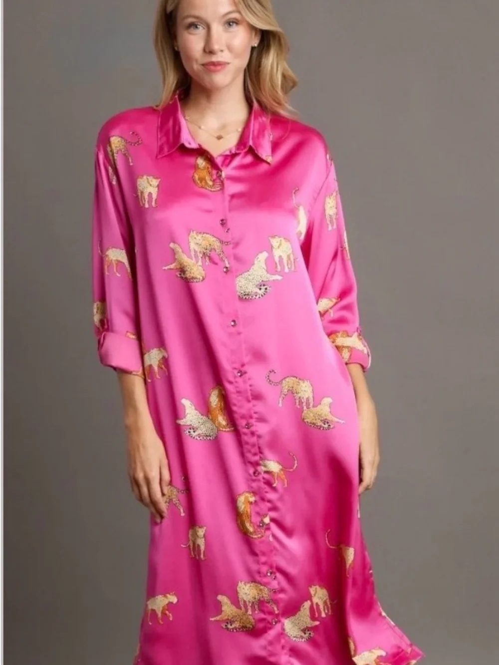 Umgee Hot Pink Satin Leopard Shirt Dress Size 1XL NWT - Picture 4 of 7